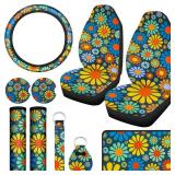 Tallew 10 Pcs Hippie Flower Car Seat Covers Full Set Universal Car Accessories Colorful Art Floral Seat Cover Steering Wheel Cover Armrest Pad Cover Seat Belt Pads for Women Men Car Truck Auto - Retai