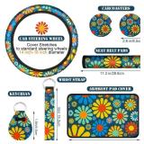 Tallew 10 Pcs Hippie Flower Car Seat Covers Full Set Universal Car Accessories Colorful Art Floral Seat Cover Steering Wheel Cover Armrest Pad Cover Seat Belt Pads for Women Men Car Truck Auto - Retai