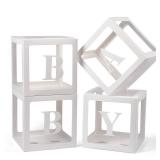 Baby Boxes with Letters for Baby Shower, 4 Transparent Balloon Boxes with Letters for Gender Reveal Birthday Wedding Baby Shower Decorations (White) - Retail: $9