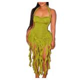 Womenfts Summer Mini Dress Sexy Halter Backless Ruffle Fringe Bodycon Short Dress Cocktail Party Beach Vacation Sundress Green - Retail: $38