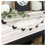 Halloween Decorations-Black Felt Bats Wood Beads Garland for Halloween Decorations Indoor- Farmhouse Felt Banner for Fireplace Mantel Walls - Retail: $10