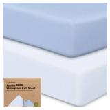 2-Pack Waterproof Crib Sheets for Boy, Girl - Organic Cotton 52X28 Fitted Crib Sheets Neutral,Crib Mattress Protector Sheets,Soft Toddler Bed Sheets,Washable Infant Fitted Baby Crib Sheets (Blue Flax)