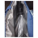Blue white and gray and teal striped cooling bag for beach days and smaller tote bag for towels and other food items -