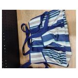 Blue white and gray and teal striped cooling bag for beach days and smaller tote bag for towels and other food items -
