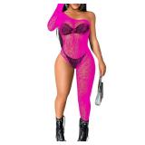EHSUYAB Womens One Shoulder Fishnet Bodysuit, Sexy Leopard Lace Jumpsuit Rave Club, Body Stockings Exotic Wear Dancer Outfits Neon Pink - Retail: $15