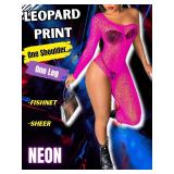 EHSUYAB Womens One Shoulder Fishnet Bodysuit, Sexy Leopard Lace Jumpsuit Rave Club, Body Stockings Exotic Wear Dancer Outfits Neon Pink - Retail: $15