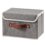 VinneGenzz Storage Boxes with Lid Cotton Linen Fabric Storage Bins Organizer Container Decorative Collapsible Washable Shelf Baskets Faux Leather Handles for Home Bedroom Closet (Gray, Small Size) - R