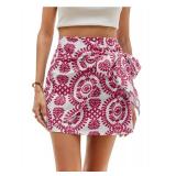 WDIRARA Womenfts Allover Print Knot Side High Waist Wrap Skirt Zipper Back Boho Mini Skirt Red Medium - Retail: $27
