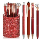 Sabary 8 Pcs Red Pens with Pen Holder for Desk Glitter Crystal Diamond Cute Ballpoint Fancy Pencil Holder Bling Desk Organizer for Women Girls Gifts School Office Wedding Supplies - Retail: $15