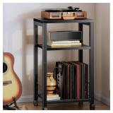 Kalrin Small Side Table, 3 Tier Moveable Small End Table, Record Player Stand with Records Shelf, Tall Nightstand for Bedroom, Living Room, Sofa, Office, Bathroom (Pure Black) - Retail: $4,332