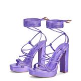 Elisabet Tang Womenfts Strappy Heeled Sandals, 5 inch Platform Heels Chunky Lace up High Heels Open Toe Party Shoes Purple Holographic Size 8 - Retail: $48