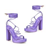 Elisabet Tang Womenfts Strappy Heeled Sandals, 5 inch Platform Heels Chunky Lace up High Heels Open Toe Party Shoes Purple Holographic Size 8 - Retail: $48