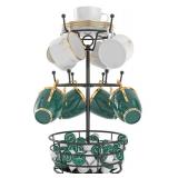 Visentor Rotatable Metal Coffee Mug Rack - 3 Tier Holder with 10 Hooks, Cup Pods and Saucer Basket for Bar Kitchen Counter - Black - Retail: $23