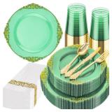 Hioasis 175pcs Clear Green Plastic Plates - Elegant Disposable Dinnerware Set Suitable for 25 Guests Include 10.25\ Dinner and 7.5\in Dessert Plates, Cutlery, Napkins, Cups for Party and Wedding - Ret