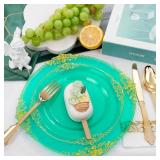 Hioasis 175pcs Clear Green Plastic Plates - Elegant Disposable Dinnerware Set Suitable for 25 Guests Include 10.25\ Dinner and 7.5\in Dessert Plates, Cutlery, Napkins, Cups for Party and Wedding - Ret