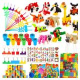 LiYiQ 134 Pcs Building Blocks Party Favors with Reusable Drinking Straws Animal Building Blocks Slap Bracelets Keychains Stamps Stickers and Gift Bags for Kids Gamer Birthday Party Supplies (Building)