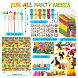 LiYiQ 134 Pcs Building Blocks Party Favors with Reusable Drinking Straws Animal Building Blocks Slap Bracelets Keychains Stamps Stickers and Gift Bags for Kids Gamer Birthday Party Supplies (Building)