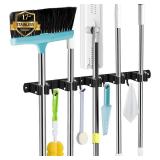 Black 5 Racks and 4 Hooks Mop and Broom Holder Wall Mount, Broom Organizer Storage Tool Racks Stainless Steel Heavy Duty Hooks Self Adhesive Solid Non-slip for Home Kitchen Garden Laundry Garage - Ret