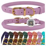 BronzeDog Rolled Leather Dog Collar with QR ID Tag, Adjustable Soft Round Collars for Small Medium Large Dogs Puppy (7\ - 10\in Neck Size, Lavender) - Retail: $10in