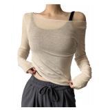 RoseSeek Womenfts Mesh Sheer Tops Off The Shoulder Long Sleeve See Through Shirts Going Out Party Club Outfits Khaki XX-Large - Retail: $25