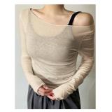 RoseSeek Womenfts Mesh Sheer Tops Off The Shoulder Long Sleeve See Through Shirts Going Out Party Club Outfits Khaki XX-Large - Retail: $25