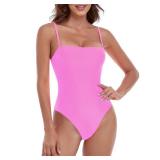 RELLECIGA Womenfts Fuchsia High Cut Bandeau One Piece Swimsuits with Adjustable Shoulder Straps Size Small - Retail: $33