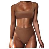 MOSHENGQI Women High Waisted High Cut Bikini Push Up Bandeau Swimsuits (S, Brown) - Retail: $34
