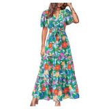 MASCOMODA Womens Summer Boho Maxi Dress Floral Wrap V Neck Flutter Short Sleeve Tie Waist A Line Tiered Flowy Long Dresses(Green Orange Flower,X-Large) - Retail: $40