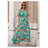 MASCOMODA Womens Summer Boho Maxi Dress Floral Wrap V Neck Flutter Short Sleeve Tie Waist A Line Tiered Flowy Long Dresses(Green Orange Flower,X-Large) - Retail: $40