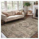GENIMO Area Rugs for Living Room Machine Washable, 8x10 Non Slip Boho Vintage Lightweight Washable Rugs, Thin Floral Rugs for Bedroom Dining Room Office, Rustic Tan