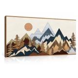 Kuvioke Mid Century Mountain Woodland Framed Wall Art Set,Boho Sunrise Pine Tree Wall Decor,Wilderness Nature Forest Artwork,Modern Woodcut Field Art Print for Living Room,Bedroom,Office- 20x40"x1