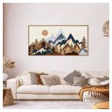 Kuvioke Mid Century Mountain Woodland Framed Wall Art Set,Boho Sunrise Pine Tree Wall Decor,Wilderness Nature Forest Artwork,Modern Woodcut Field Art Print for Living Room,Bedroom,Office- 20x40"x1