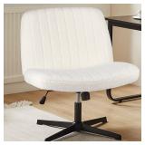 APPEARS NEW - Sweetcrispy Criss Cross Chair Legged, Armless Office Wide Desk Chair No Wheels, Swivel Vanity Height Adjustable Fabric Modern Computer Task Seating for Home - Teddy Beige
