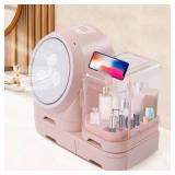 FACTORY SEALED - Tidyladyo Makeup Storage Organizer with LED Mirror and Makeup Fan, Makeup Organizer with 4 Drawers and Lid, 360° Rotating, 3 Color Adjustable Skincare Organizers for Bathroom Counter