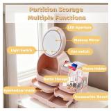 FACTORY SEALED - Tidyladyo Makeup Storage Organizer with LED Mirror and Makeup Fan, Makeup Organizer with 4 Drawers and Lid, 360° Rotating, 3 Color Adjustable Skincare Organizers for Bathroom Counter