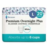 Because Premium Overnight Plus Incontinence Underwear - White  L  20 Ct