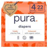 APPEARS NEW - Pura Size 4 Eco-Friendly Diapers (18-31lbs) Totally Chlorine Free (TCF) Hypoallergenic, Soft Organic Cotton, Sustainable Comfort, up to 12 Hours Leak Protection, Allergy UK, 22 Diapers (