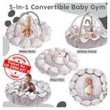 APPEARS NEW - 5-in-1 Thick & Plush Baby Play Gym, Baby Play Mats for Floor, Tummy Time Mat with 6 Toys, Cat Bed, Dog Bed, Convertible Stage-Based Developmental from Baby to Toddler, Ball Pit, Pet Cush