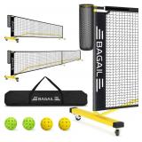 BAGAIL Portable Pickleball Net Set with Wheels, 22 FT Regulation Size & 11 FT Half Court Size 2-in-1 Pickle Ball Net with Ball Collector, Carry Bag, 4 Pickle Balls, Easy Setup - Yellow