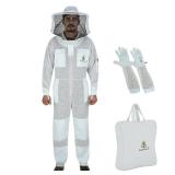 FACTORY SEALED - BeeProGear 3-layer Ultra Ventilated Mesh Bee Suit for Beekeepers |Round Veil Sting-Proof Beekeeping Suit with Leather gloves and bag (White, XX-Large)  - Retail: $105