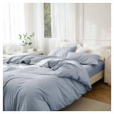 FACTORY SEALED - JIYUAN 100% Washed Cotton Duvet Cover Set 3 Pieces Queen, 1 Duvet Cover 90x90 Inches(Comforter Not Included) and 2 Pillowcases,Linen Feel Bedding Set Comfy and Breathable, Heathered L