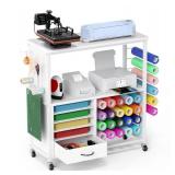 Craft Storage Cart with Drawer and Vinyl Roll Holder,Compatible with Craft Cutting Machines,Versatile Rolling Craft Table for Cricut Craft Room,White - Retail: $100