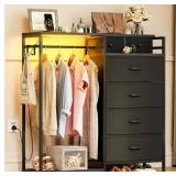 Dresser for Bedroom with Clothes Hanging Rack, Reversible Bedroom Dresser with Shoe Rack & 6 Fabric Drawers, 3-in-1 Storage Chest of Drawers with Led Lights & Charging Station for Closet, Black - Reta