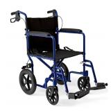 Medline Lightweight Foldable Transport Wheelchair with Handbrakes and 12-Inch Wheels, Blue Frame, Black Upholstery - MISSING ONE FOOTREST - Retail: $160