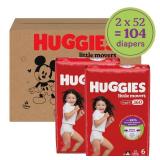 Huggies Size 6 Baby Diapers, Little Movers HuggFit 360Â° Baby Diapers with 360Â° Waistband, Size 6 (35+ lbs), 104 Count (2 Packs of 52), Packaging May Vary
