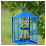 Mealworms Bird Feeders for Bluebirds - Metal - Huge Caged Squirrel-proof Bird Feeders with 2 Cups, DIY Wild Bird Feeders Outdoor Hanging (Blue), Attract Small Birds, 2lbs Seed Capacity+1 Mealworms Cup