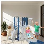 6 in 1 Toddler Slide for Toddler Age 1-3,Kids Climber Slider for Indoor Outdoor Playground with Basketball Hoop, Storage and Telescope, L Shaped Slide for Toddler Climber Playset - Retail: $76