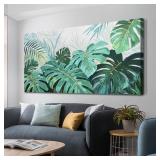 Tropical Green Leaf Canvas Wall Art Monstera Palm Leaf Painting Jungle Plant Botanical Picture Nature Artwork Print Framed for Living Room Bedroom Bathroom Office Home Decor, Large 40x20" - Retail: $6