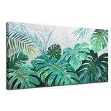 Tropical Green Leaf Canvas Wall Art Monstera Palm Leaf Painting Jungle Plant Botanical Picture Nature Artwork Print Framed for Living Room Bedroom Bathroom Office Home Decor, Large 40x20" - Retail: $6