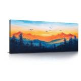 Canvas Wall Art Landscape Blue Foggy Forest Mountain Sunrise Mountains Birds Sunset Modern Canvas Paintings Wall Painting Room Decor Wall Decor for Bedroom Bathroom Kitchen Ready to Hang 20x40inch